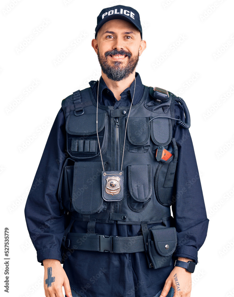 Poster young handsome man wearing police uniform with a happy and cool smile on face. lucky person.