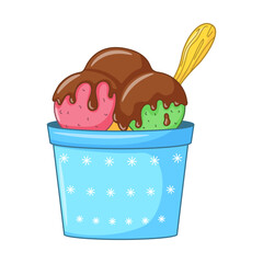 Ice cream pink and green balls with chocolate icing and wooden spoon in a bowl. Dairy cold dessert. Seasonal sweet food. Colored doodle hand drawn Vector illustration isolated on white. Cartoon style
