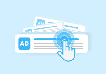 Targeted contextual ppc advertising or banner online ads concept. Contextual Digital Marketing, Behavioral Targeting or Retargeting illustration. Cursor icon clicks on advertisement among many others - obrazy, fototapety, plakaty
