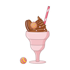 Chocolate whipped Ice cream with cookie, candy and straw in a cream bowl. Dairy cold dessert. Seasonal sweet food. Colored doodle hand drawn Vector illustration isolated on white. Cartoon style