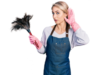 Beautiful young blonde woman wearing apron holding cleaning duster smiling with hand over ear listening an hearing to rumor or gossip. deafness concept.