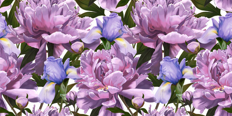 Lovely seamless pattern with beautiful peonies and irises. Floral wallpaper. Watercolor background with beautiful flowers. Hand drawn, 3D illustration. Luxurious fabric, wallpaper, clothing design. © Polina
