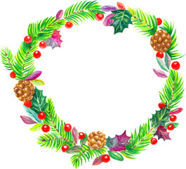 Watercolor Christmas  wreath with colorful  Christmas decorations, cones, leaves and berries. With transparent layer.