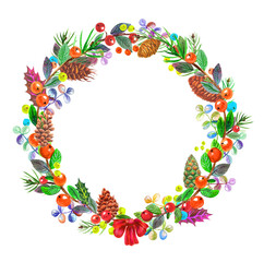 Obraz premium Watercolor Christmas wreath with colorful Christmas decorations, cones, fruits and berries. With transparent layer.