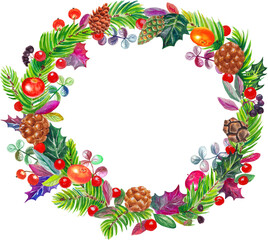 Watercolor Christmas wreath with colorful Christmas decorations, cones, fruits and berries. With transparent layer.