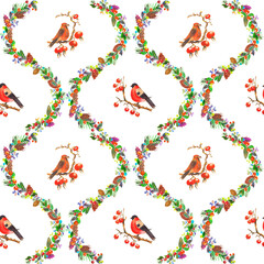Watercolor colorful christmas pattern with birds, berries, cones and branches tree. With transparent layer