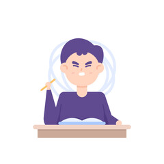 a boy who is disturbed so that he feels annoyed and can't focus on studying. a person's expression is resentful, disturbed, headache, dizzy, and difficult to concentrate. read a book. illustration