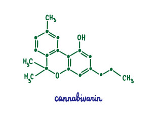 Cannabivarin hand drawn vector formula chemical structure lettering blue green