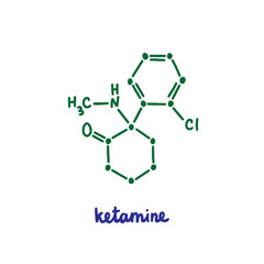 Ketamine hand drawn vector formula chemical structure lettering blue green