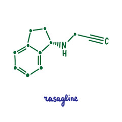 Rasagline hand drawn vector formula chemical structure lettering blue green
