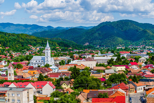 Aerial view of Baia Mare city with roof tops and the Catholic Cathedral in Baia Mare, Maramures, Romania; Assumption of Mary Cathedral or Saint Mary, the greek-catholic cathedral in Baia Mare