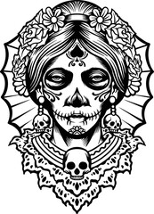La calavera catrina Dia De Muertos Monochrome Vector illustrations for your work Logo, mascot merchandise t-shirt, stickers and Label designs, poster, greeting cards advertising business company