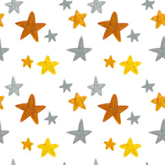 Fototapeta premium Hand drawn silver and golden stars pattern on white background. For fabric, sketchbook, wallpaper, wrapping paper.