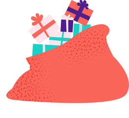 Fototapeta na wymiar Pile of wrapped gift boxes in a Santa bag. Mountain of gifts. Bunch of colorful gift boxes with ribbons. Big red hood with christmas gifts. Flat flat illustration with texture