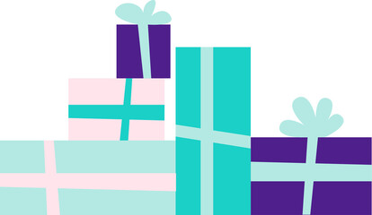 Pile of wrapped gift boxes. Mountain of gifts. Bunch of colorful gift boxes with ribbons. Isolated flat illustration with texture