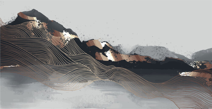 black and white illustration in asian style with rough texture mountain and gold