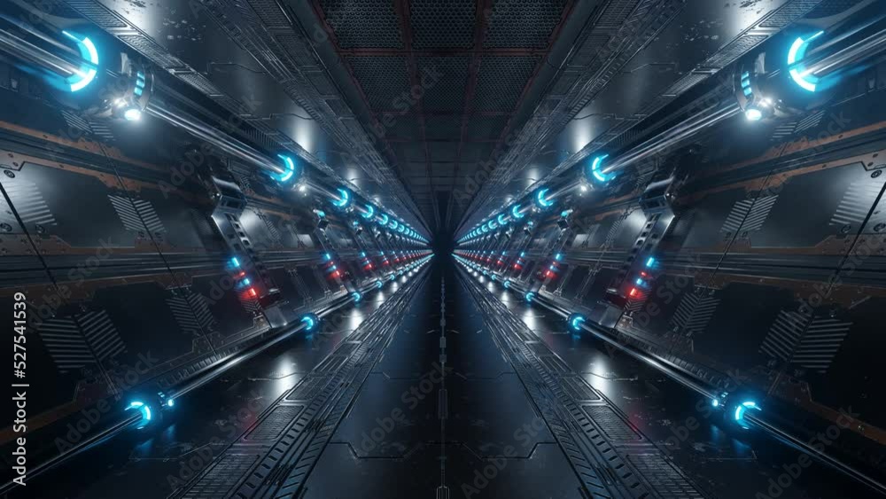Aufkleber 3D rendered animated loop of a spaceship background in space station. Futuristic interior corridor with blue neon lights walls. Hyperrealistic dimensional seamless lopped animation tunnel