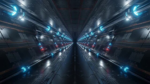 3D rendered animated loop of a spaceship background in space station. Futuristic interior corridor with blue neon lights walls. Hyperrealistic dimensional seamless lopped animation tunnel