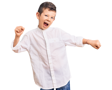 Cute blond kid wearing elegant shirt dancing happy and cheerful, smiling moving casual and confident listening to music