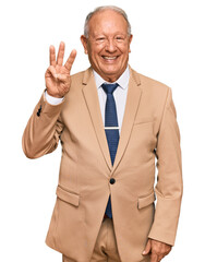 Senior caucasian man wearing business suit and tie showing and pointing up with fingers number three while smiling confident and happy.