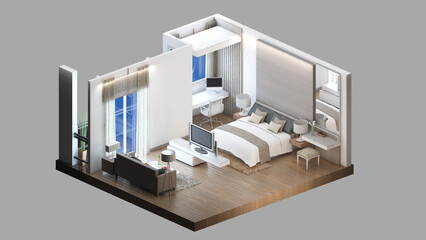 Isometric view of a master bedroom and living area,residential area, 3d rendering.