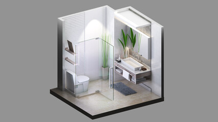Isometric view of a bathroom,residential area, 3d rendering.
