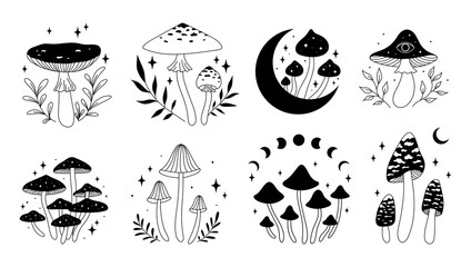 Vector set with magic mushrooms. Composition with mushrooms, stars and moon. Esoteric clipart. Hand drawn illustration. Black and white.