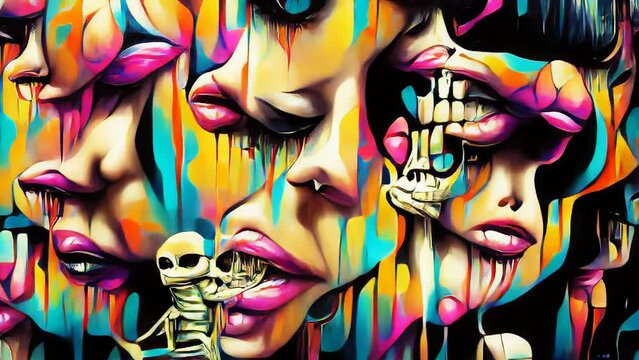 AI generated NFT crypto art of 60s hippie retro funky faces. Psychedelics digital image manipulation of an artificial intelligence.Cyberart travel into the mind concept.