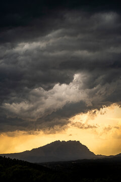 Intense rain storm in Montserrat mountain in the province of Barcelona in Catalonia Spain