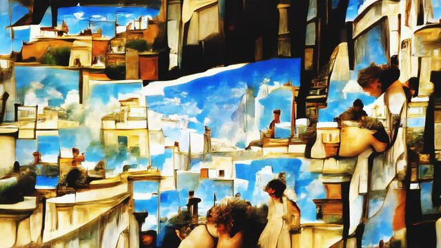 AI generated NFT crypto art of impressionist landscapes. Romantic victorian digital painting image manipulation of an artificial intelligence.Cyberart travel into the mind concept.