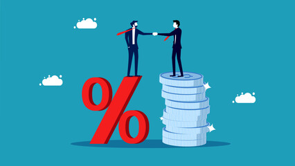 Agreement on interest rates. business people shaking hands on a percent sign vector