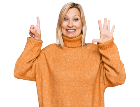 Middle age caucasian woman wearing casual winter sweater showing and pointing up with fingers number six while smiling confident and happy.