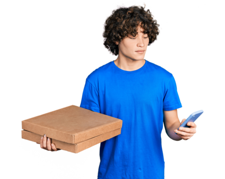 Caucasian teenager holding delivery package and showing smartphone screen relaxed with serious expression on face. simple and natural looking at the camera.