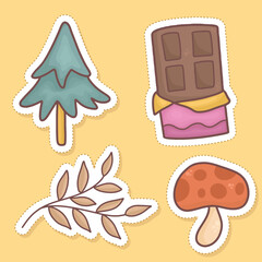 Set of autumn stickers clipart, pine tree, chocolate, leaves, mushroom