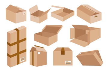 Carton delivery packaging open and closed box with fragile signs. Cardboard box empty cartoon delivery cargo, receive packaging distribution