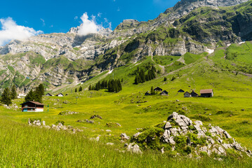 Fototapeta na wymiar Wooden huts and meadows on the Schwaegalp with view of the Saentis summit, Canton of Appenzell-Ausserrhoden, Switzerland