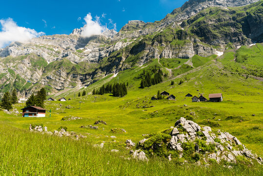 Wooden huts and meadows on the Schwaegalp with view of the Saentis summit, Canton of Appenzell-Ausserrhoden, Switzerland