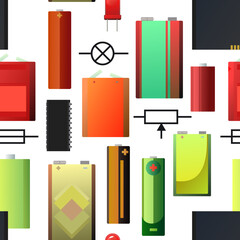Battery Energy source with circuit symbols. Electricity accumulator. Seamless pattern. Galvanic cell. electrolytic dissociation. Isolated on white background. Salt and helium lithium objects. Vector