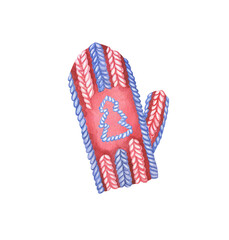 Watercolor illustration. knitted mitten with pattern. Christmas Elements