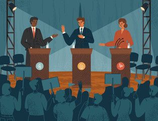 Politicians standing on podium and debating. National election and voting vector illustration. Male and female political candidates at debates, election campaign. Presidential election speech