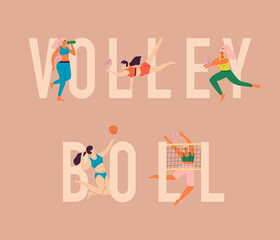 Beach volleyball players and lettering beach volleyball. Volleyball banner concept for professional or amateur school. Vector illustration of summer hawaiian banner. Lifestyle concept.