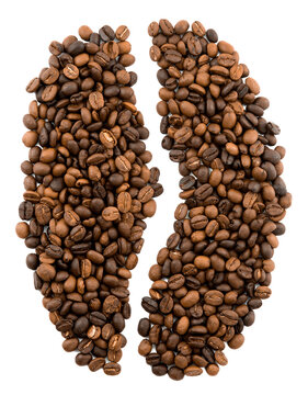 Roasted coffee beans placed in the shape of a group one coffee bean isolated