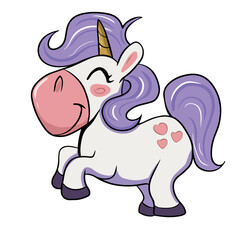 Vector children's drawing, hand-drawn on a white isolated background, funny unicorn for banners, postcards, stickers