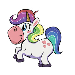 Vector children's drawing, hand-drawn on a white isolated background, funny unicorn for banners, postcards, stickers