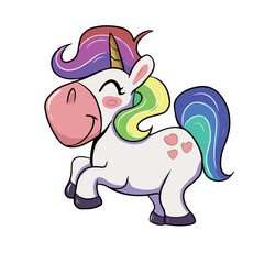 Vector children's drawing, hand-drawn on a white isolated background, funny unicorn for banners, postcards, stickers