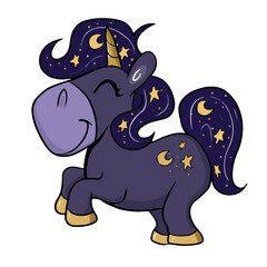 Vector children's drawing, hand-drawn on a white isolated background, funny unicorn for banners, postcards, stickers