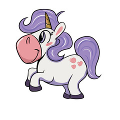 Vector children's drawing, hand-drawn on a white isolated background, funny unicorn for banners, postcards, stickers