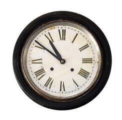 Vintage and old wall clock isolate for object, retro technology