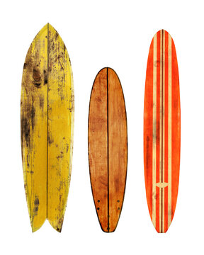 Vintage wood surfboard isolated for object, retro styles.