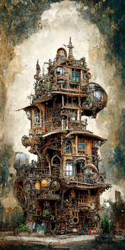 Steampunk House Made Of Junk As Fantasy Architecture Concept